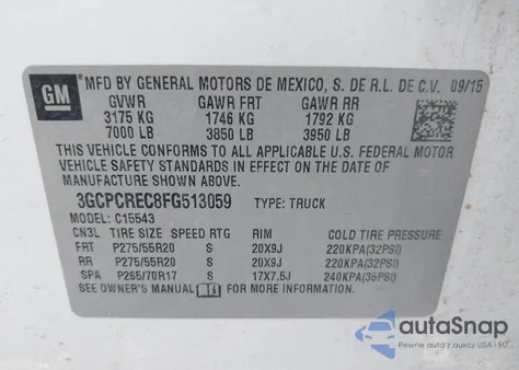 2015 Chevrolet Silverado 1500 1Lt из США, поврежденный, VIN 3GCPCREC8FG513059